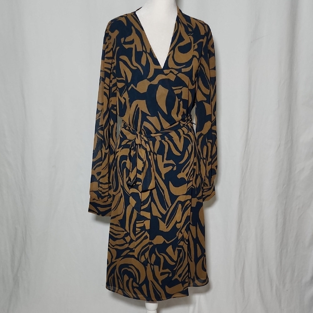 Dress Forum Abstract Patterned Long Sleeve Dress in Blue and Tan - Picture 3 of 10